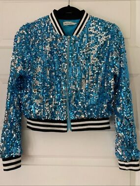 Anna-Kaci Blue Sequin Varsity Bomber Jacket Crop